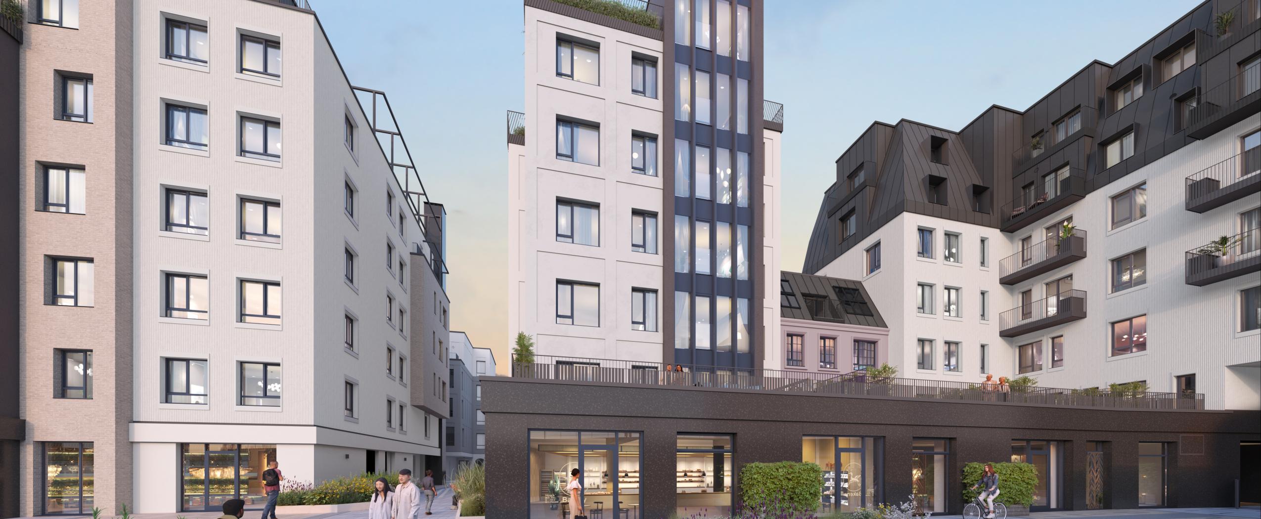 CENTRUS jaunās ēkas, redzamas no promenādes puses, ar modernu arhitektūru un labiekārtotu vidi Rīgas centrā.