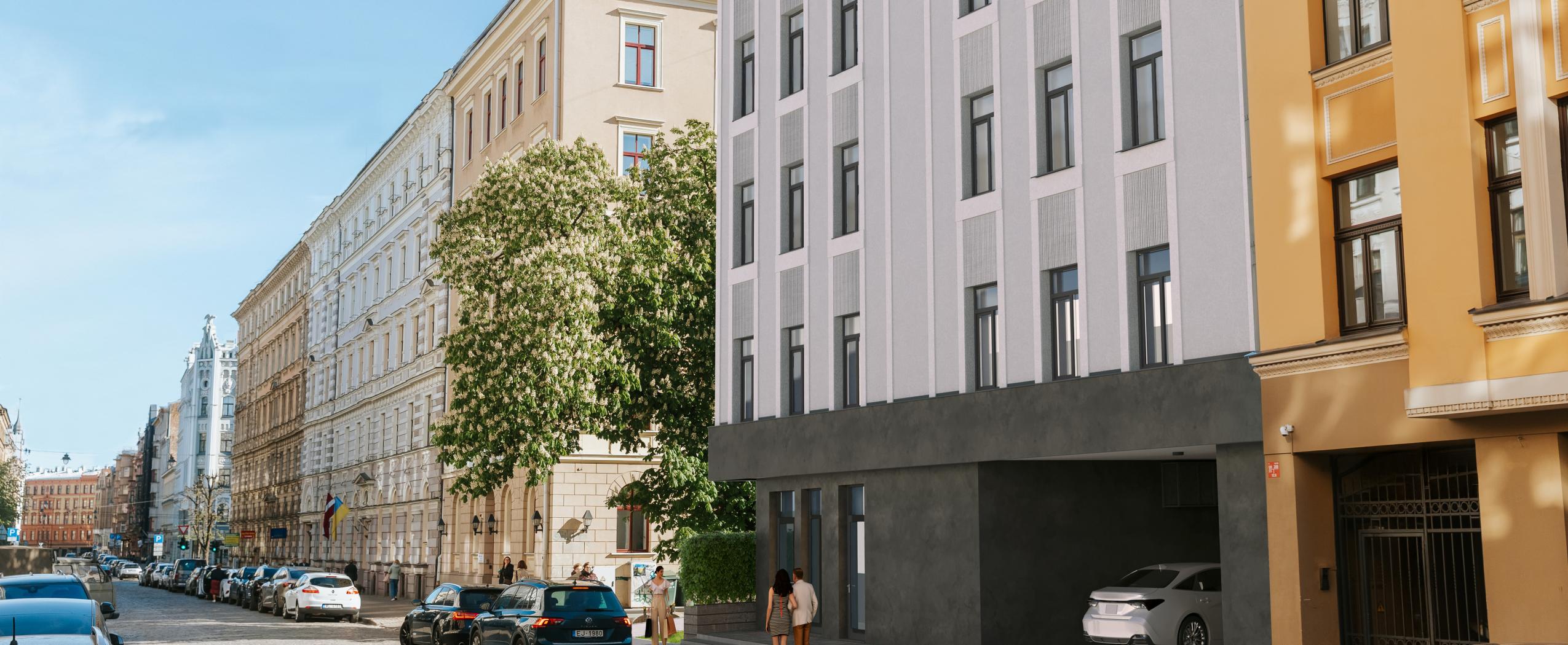 Новое здание CENTRUS на улице Блауманя с 11 квартирами, вид со стороны улицы в центре Риги.