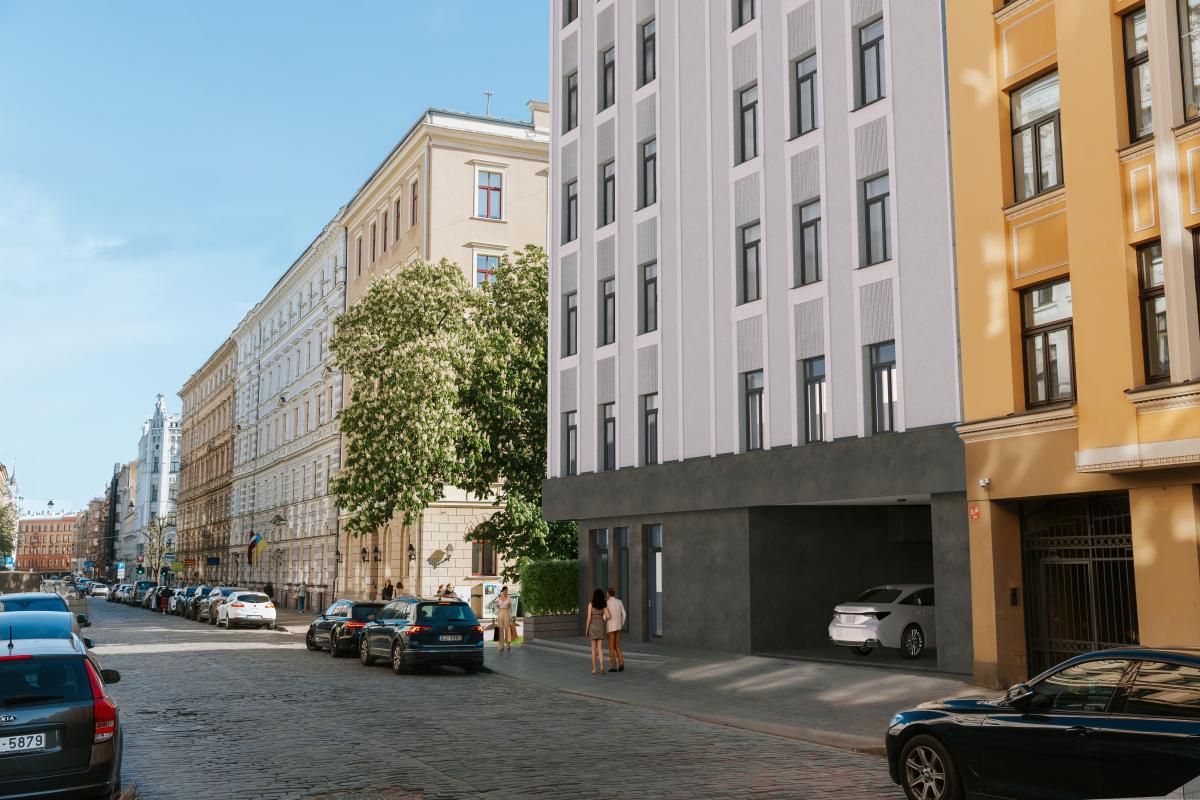 Новое здание CENTRUS на улице Блауманя с 11 квартирами, вид со стороны улицы в центре Риги.